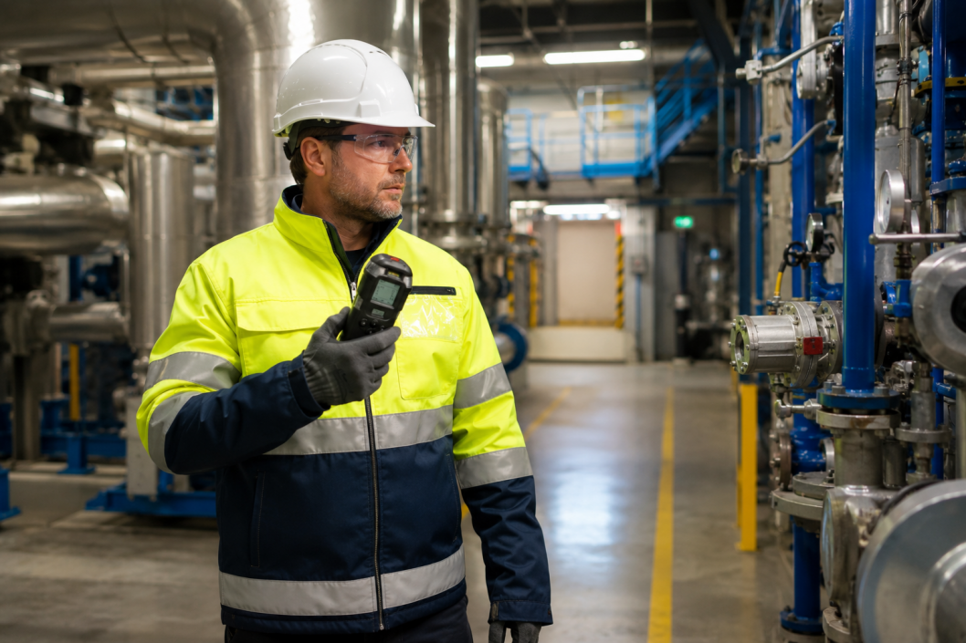 Gaswarngerät im Einsatz bei Alleinarbeit in industrieller Umgebung
