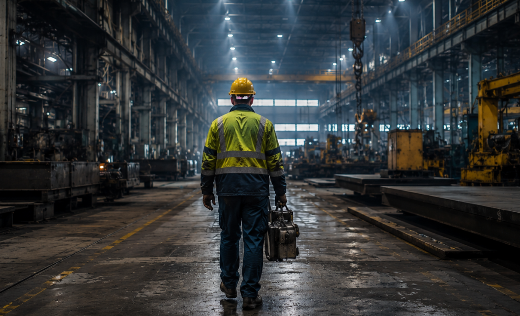 Alleinarbeit in der Industrie – Arbeiter arbeitet alleine in Produktionshalle
