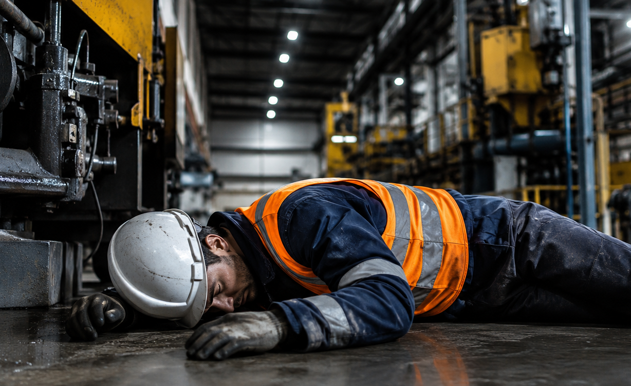 Notfallsituation bei Alleinarbeit – Arbeiter liegt nach Unfall alleine in Industriehalle