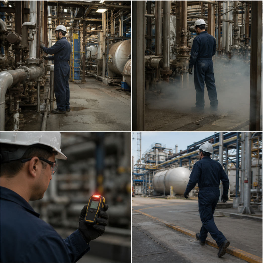Gaswarngerät bei Alleinarbeit in Industrieanlage